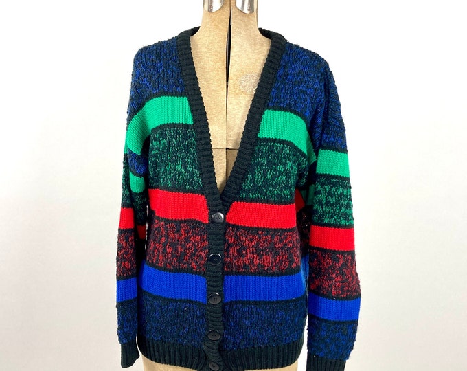80s Black Striped Slouch Grunge Sweater Crayola Primary Color Striped Cardigan Deep V Oversized Vintage Sweater Jacket Xs S M