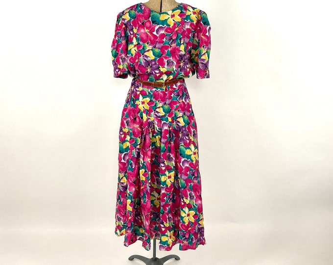 80s Pink White Day Dress Drop Waist Tea Garden Party Sundress Watercolor Floral Button Vintage Sun Dress S M