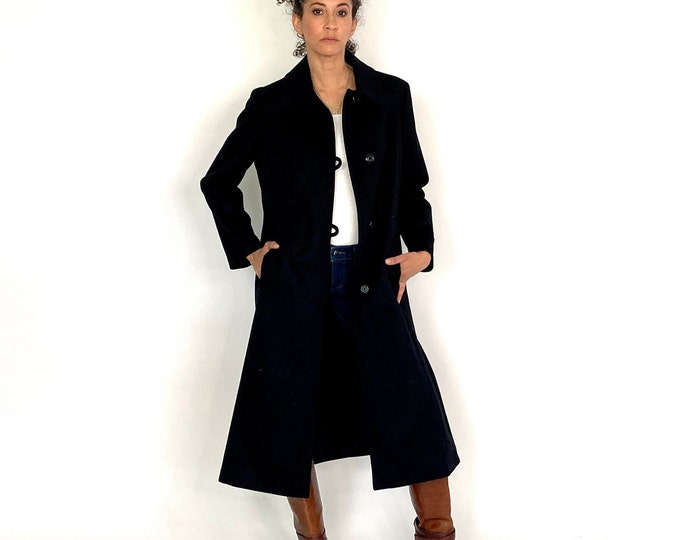 70s Black Cashmere Overcoat Deadstock Dress Designer Saks Fifth Avenue Trench Minimalist Vintage Midi Dress Coat S M