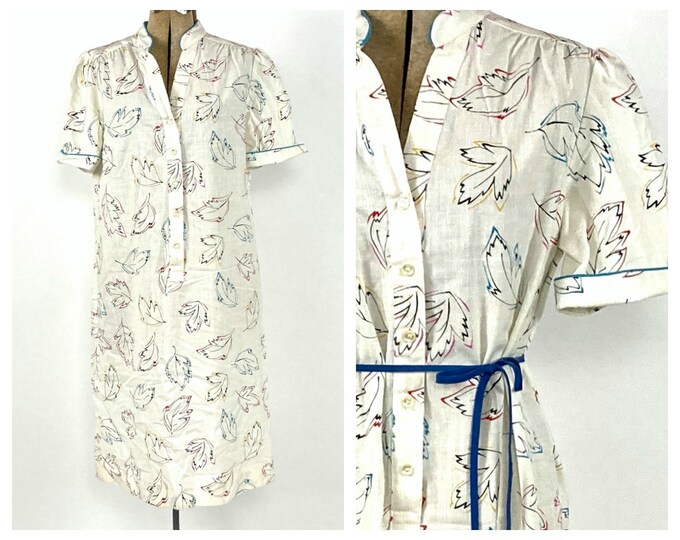 70s Cream Sheer Midi Dress Abstract Leaf Print Mini Dress Boho Hippie Party Sundress Vintage Dress M L