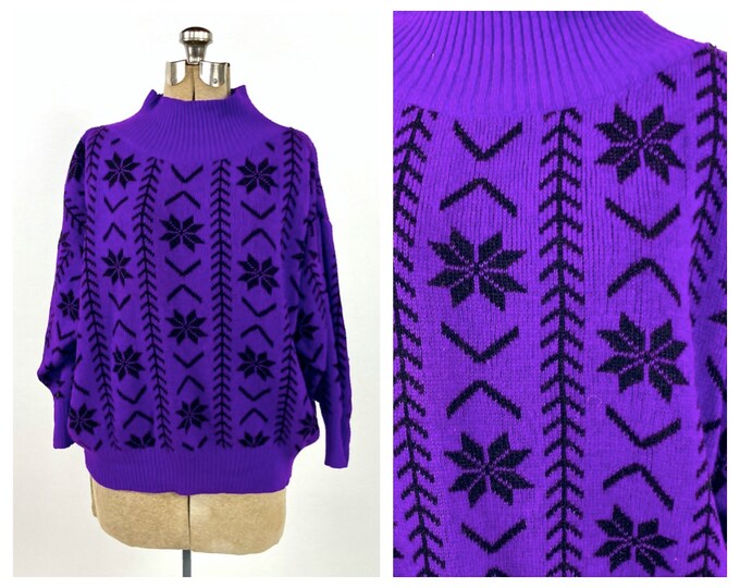 80s Bright Purple Snowflake Print Sweater Oversized Billow Sleeve Sweater Preppy Boho Vintage Knit Sweater High Neck Jumper Xs S M