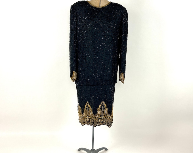 80s Black Beaded Halter Evening Gown Art Deco Gold High Slit Dress Glam Silk Party Vintage Dress S M