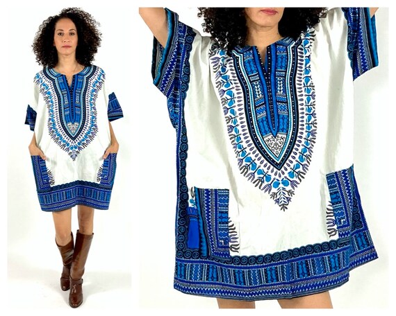 80s Blue White Dashiki Batik Mini Dress Cotton African Tunic Top Tribal V Neck Vintage Dress Top XS S M Etsy