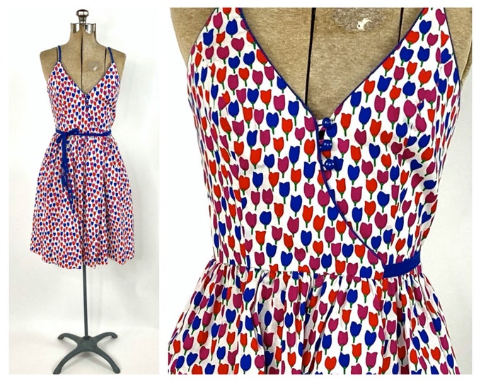 70s Lanz Tulip Dress Wrap Multi Midi SATC Sundress Garden Party Dress Open Back Party Vintage Sun Dress