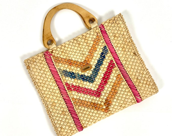 80s Woven Straw Bamboo Purse Boxy Square Natural Bag Bright Chevron Boho Hippie Purse Island Vacation Tote Vintage Handbag