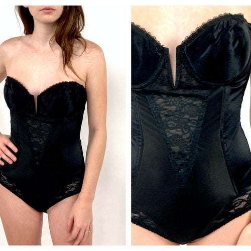90s Black Victorias shops Secret Bustier Bodysuit VS Gold Label Strapless Boned Corset Deep V Plunging Shape Wear Lace Dress Top XS S 34C