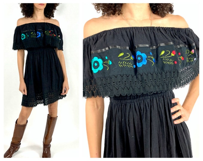 70s Black Gauze Off The Shoulder Sundress Lace Ruffle Floral Embroidered Peasant Dress Prairie Boho Hippie Party Vintage Dress XS S