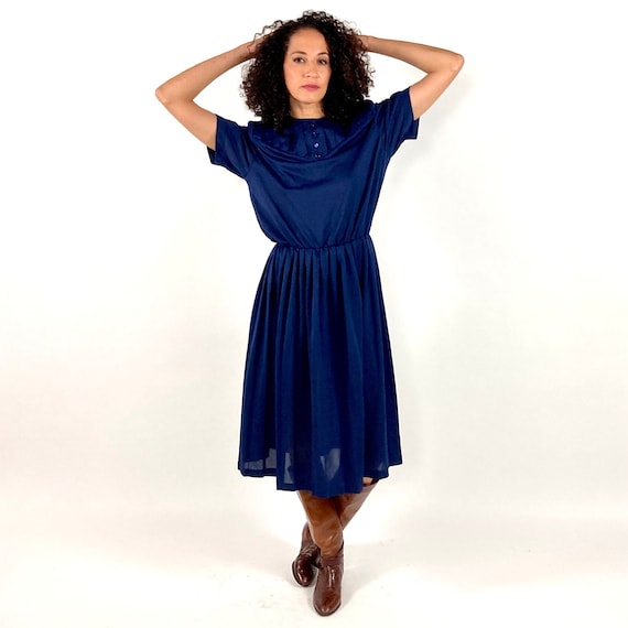 80s Navy Blue Day Dress Button Bodice Short Sleev… - image 2