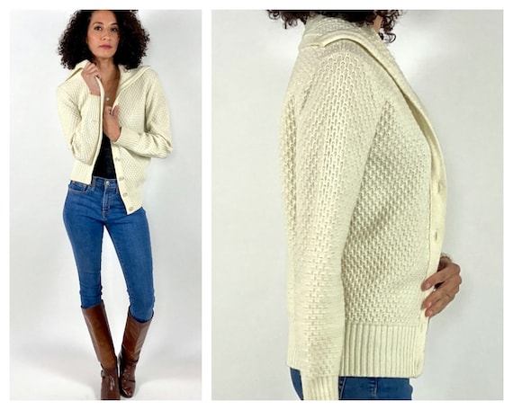 50s Cream V Neck Huge Sailor Collar Cardigan Boyf… - image 1