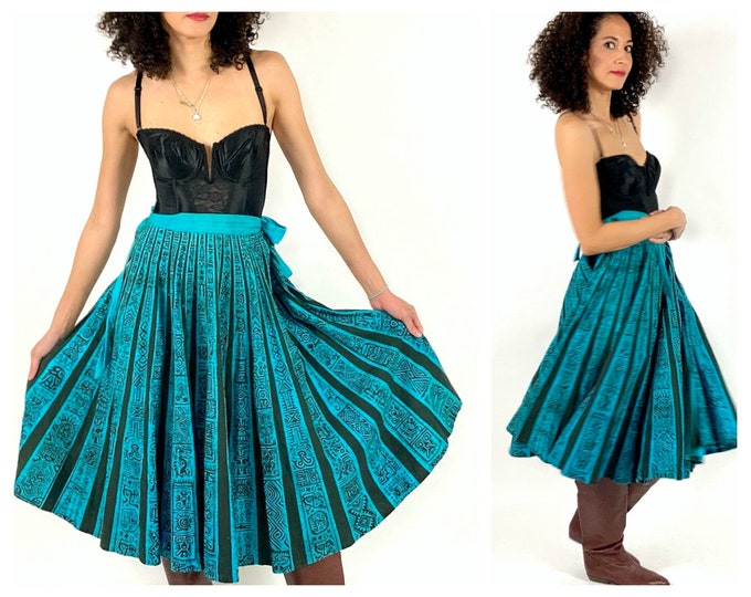 50s Teal Blue Tribal Full Skirt Black Southwest Midi Circle Skirt Aztek Print Green Pleated Vintage Dress Skirt M L