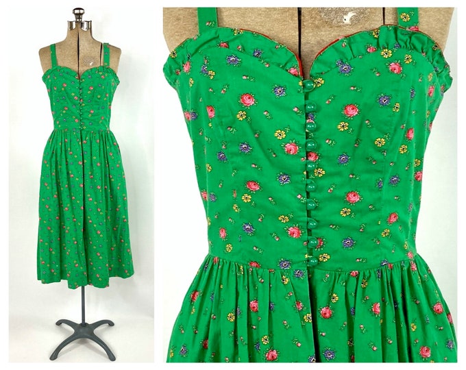 70s Green Lanz Dress Ditsy Floral Print Hippie Boho Dress Corset Button Bodice Dress Ruffle Sweetheart Party Vintage Sundress XS S