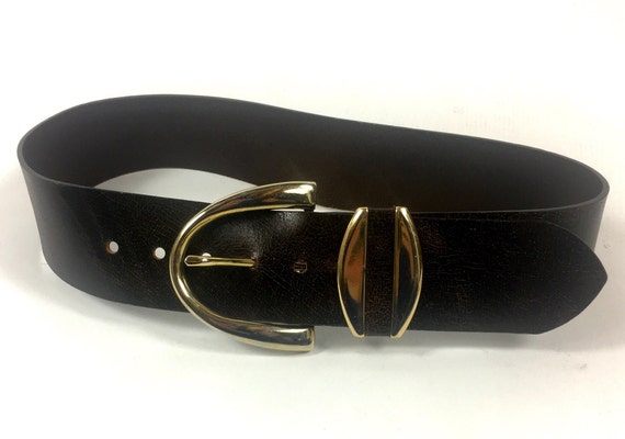 80s Wide Leather Belt Gold Big Buckle Belt Distre… - image 5