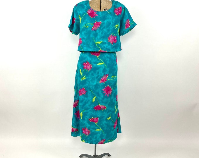80s Teal Green Pink Watercolor Floral Print Blouson Midi Dress