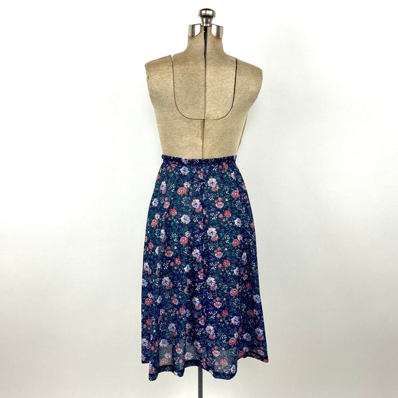 80s Navy Blue Floral Sheer Skirt Boho Hippie Cott… - image 8