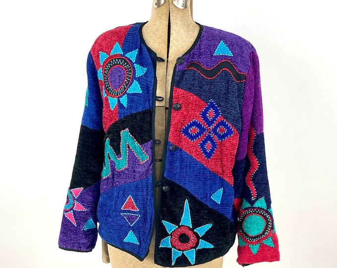 90s Bright Blue Patchwork Southwestern Red Embroidered Jacket Aztek Vintage Sweater Coat S M