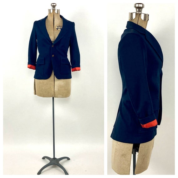 70s Navy Red Lining Blazer Pockets Metal Buttons … - image 1