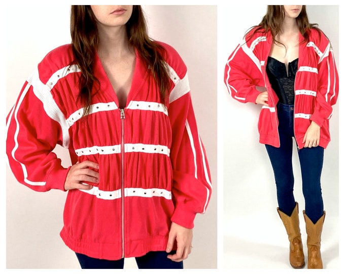 90s Pink White Striped Jacket Oversized Zip Grandma Cardigan Studded Sweater Big Shoulder Vintage Jacket Xs S M