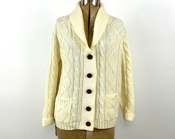 70s Cream Hand Knit Cable Knit Chunky Wool Blend Cardigan Shawl Sailor Collar Off White Sweater Ivory Long Cream Vintage Jacket Xs S M