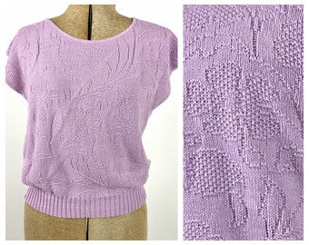 80s Lavender Knit Sleeveless Sweater Purple Floral Grandma Boho Dress Top S M