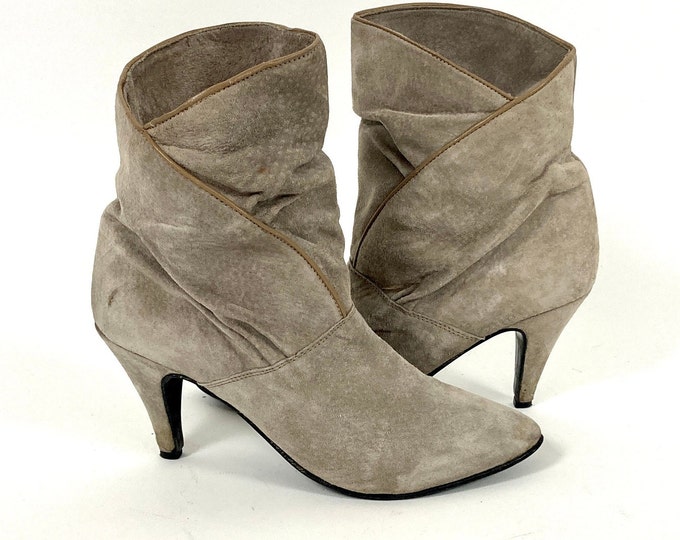 80s Gray Cropped Suede Boots Leather Pirate Booties High Heel Vintage Booties 6 6.5