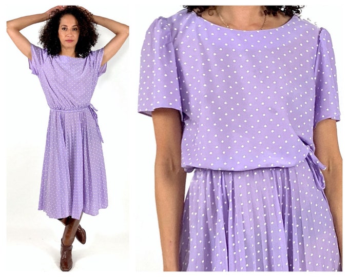 70s Purple Sheer Day Dress Lavender White Polka Dot Blouson Dress Accordion Pleated Midi Vintage Sundress S M