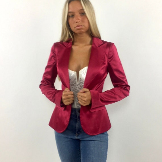 Y2K Hot Pink Satin Blazer Tiny Tailored Jacket De… - image 3