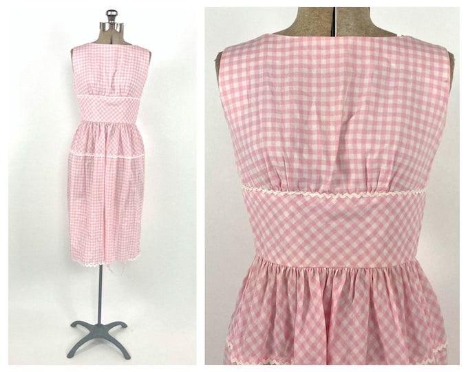 50s Lanz Mini Dress Pink White Gingham Dress Picnic Empire Wiggle Party Dress Open Back Vintage Sun Dress Xs S