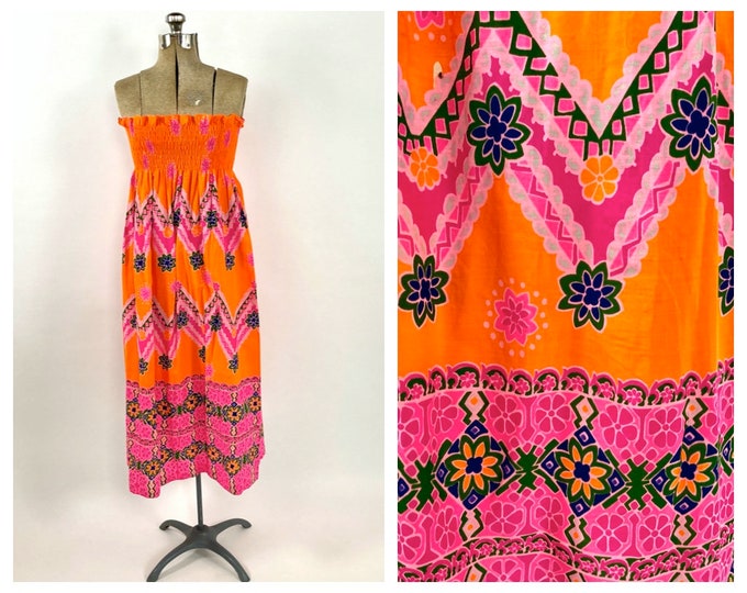 60s Orange Smocked Neon Kamehameha Dress Bright Hawaii Pink Maxi Strapless Dress Psychedelic Vintage Boho Hippie Party Sundress Sun Dress