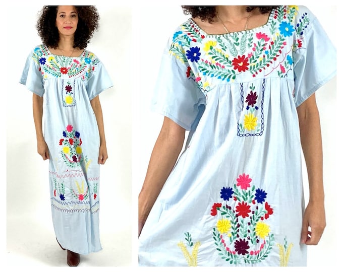 70s Blue Oaxacan Embroidered Maxi Dress Mexican Wedding Boho Hippie Party Vintage Blue Green Floral Sundress Sun Dress S M