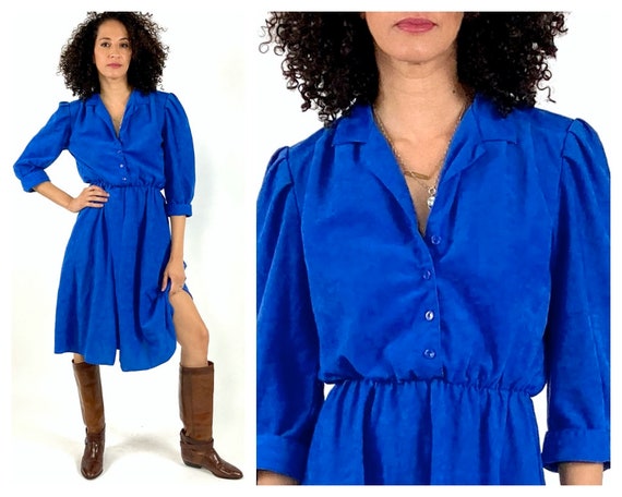80s Blue Suede V Neck Day Dress Boho Midi Party S… - image 1