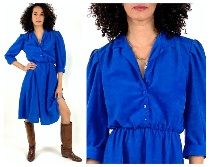 80s Blue Suede V Neck Day Dress Boho Midi Party Secretary Vintage Dress XS S M