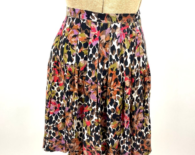 80s Brown Multi Mini Skirt Floral Leopard Animal Print Pleated Vintage Dress Skirt