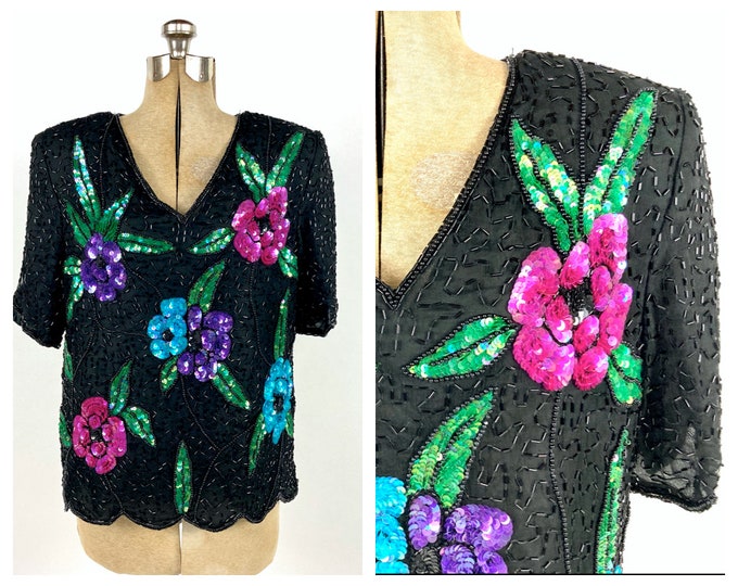 80s Black Floral Sequin Top V Neck Beaded Silk Blouse Bright Glam Disco Flapper Vintage Dress Top S M
