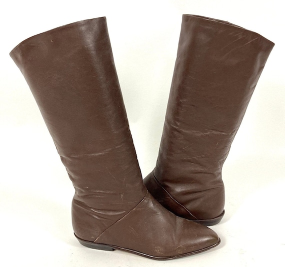 70s Brown Tall Leather Boots Flat Riding Vintage … - image 5