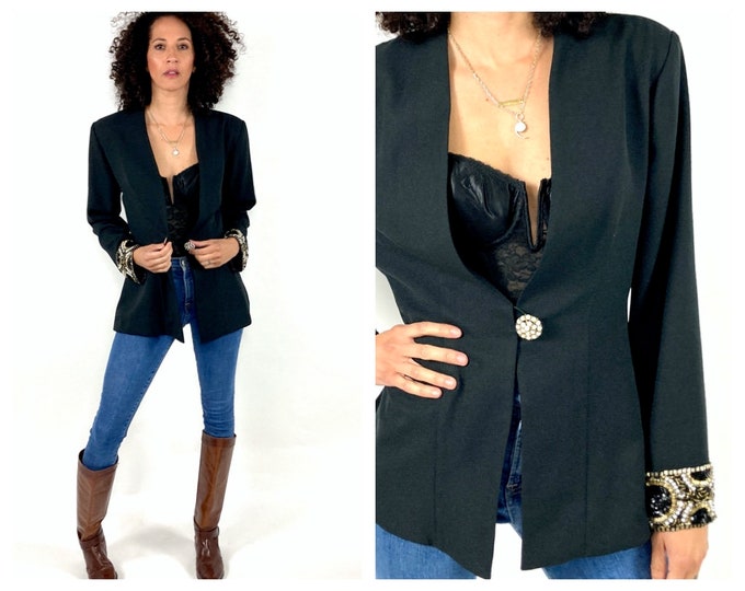 80s Black Oversized Deep V Blazer Structured Long Gold Pearl Jacket Embellished Beaded Sequin Boyfriend Blazer Vintage S M