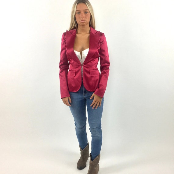 Y2K Hot Pink Satin Blazer Tiny Tailored Jacket De… - image 4