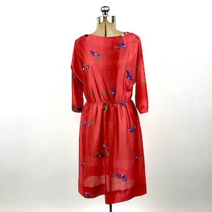70s Red Abstract Day Dress Semi Sheer Floral Dress Boho Hippie Party Vintage Dress Xs S