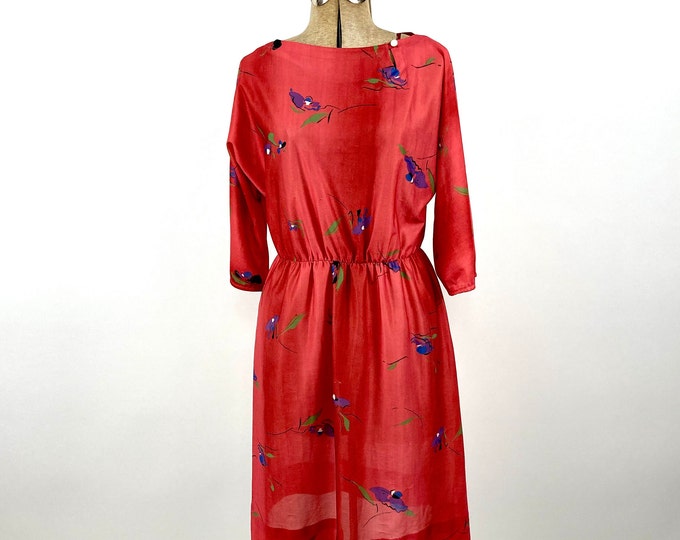 70s Red Abstract Day Dress Semi Sheer Floral Dress Boho Hippie Party Vintage Dress Xs S