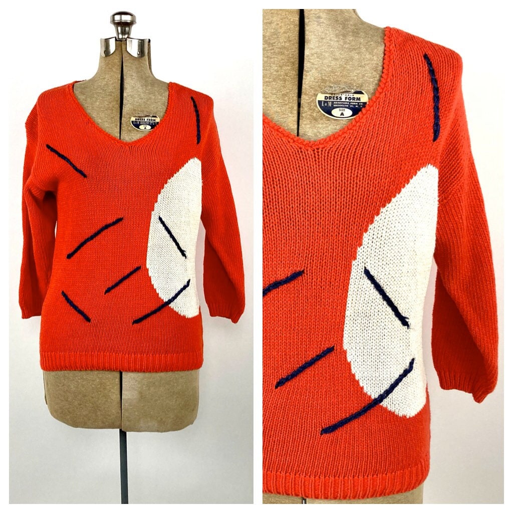 80s Orange White Abstract Sweater Navy V Neck Preppy Top 80s Orange White Abstract Sweater Navy V Neck Preppy Top