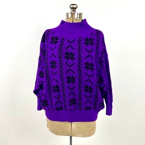 80s Bright Purple Snowflake Print Sweater Oversized Billow Sleeve Sweater Preppy Boho Vintage Knit Sweater High Neck Jumper Xs S M