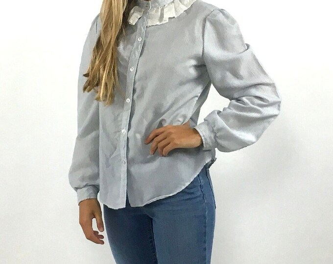 80s Blue White Seersucker Striped Blouse Lace High Neck Top Puff Sleeve Cotton Prairie Button Up Vintage Top S M