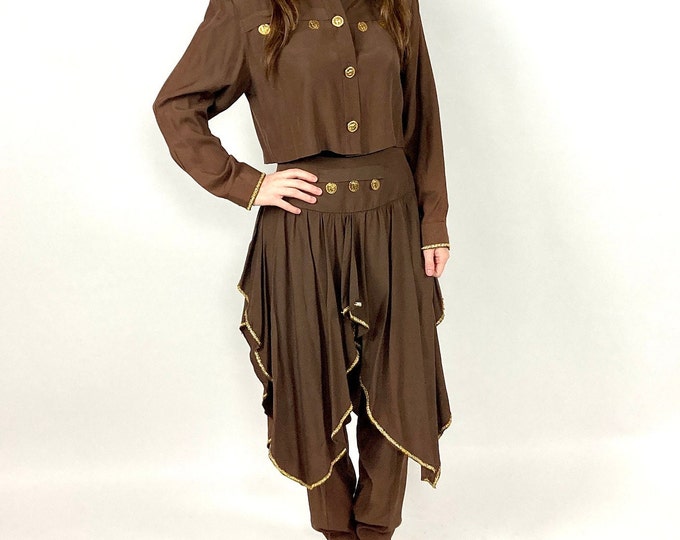 80s Brown Pleated Harem Trouser Gold Coin Two Piece Set Cropped Bolero Pantsuit Grecian Goddess Jumpsuit Genie Party Dress Vintage Jumpsuit