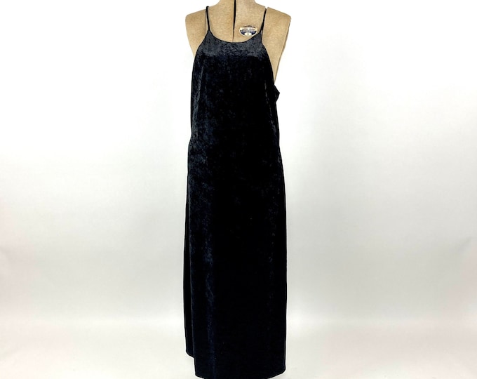 90s Black Crushed Velvet Maxi Dress Goth Festival Party Dress Racer Back Low Cut Vintage Dress XS S M