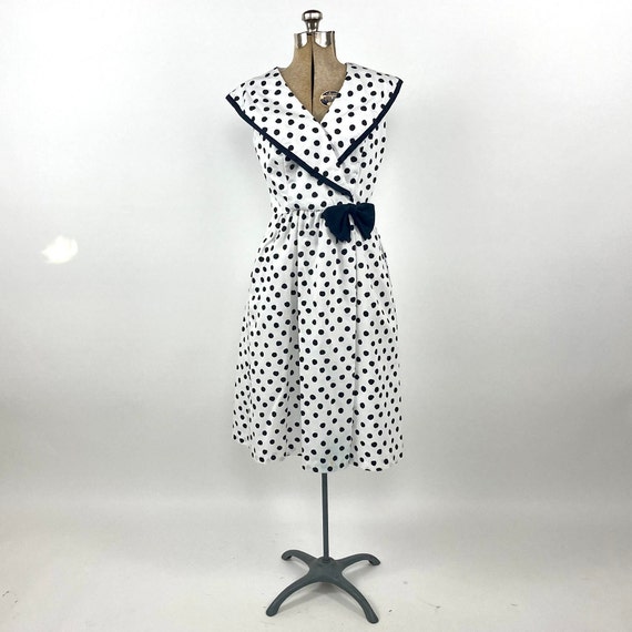 80s Lanz Polka Dot Dress Big Sailor Collar Pin up Bow Dress Garden  