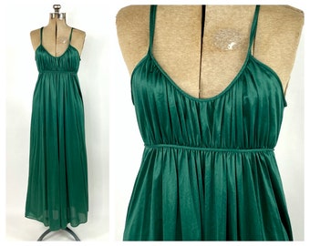 70s Forrest Green Long Halter Grecian Dress Empire Goddess Ethereal Maxi Dress Draped Ruched Party Vintage Slip Dress XS/S/M