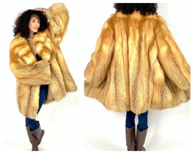70s Red Fox Fur Coat White Shaggy Dress Jacket Chubby Glam Designer Striped Chunky Unisex Rocker Stroller Vintage Fur Cape M L