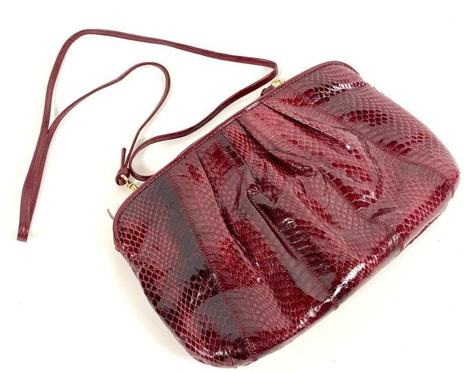 70s Red Snakeskin Clutch Shiny Burgundy Reptile Bag Coin Purse Vintage Handbag