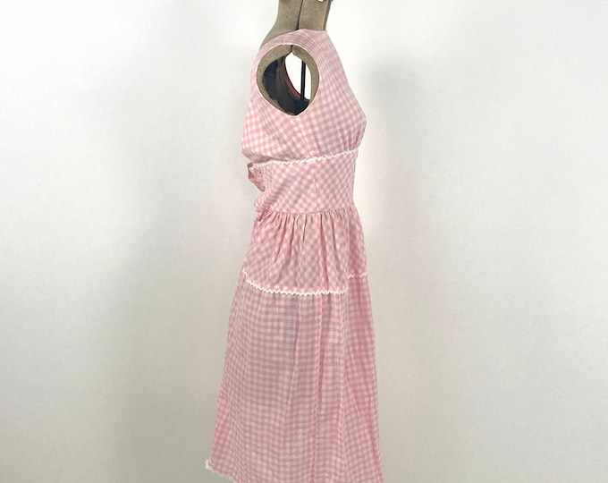 50s Lanz Mini Dress Pink White Gingham Dress Picnic Empire Wiggle Party Dress Open Back Vintage Sun Dress Xs S