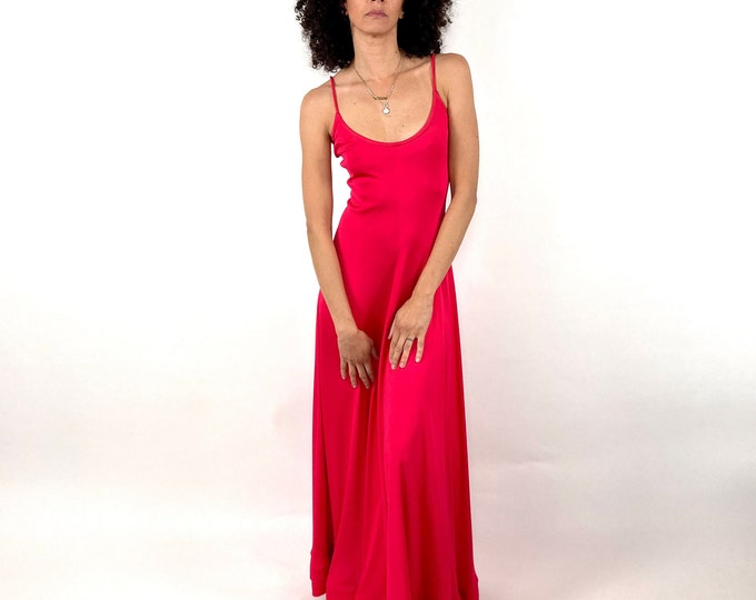70s Pink Slinky Plunging Grecian Goddess Gown Full Sweeping Red Ethereal Dress Open Back Maxi Party Saks Horiko Vintage Evening Dress XS S