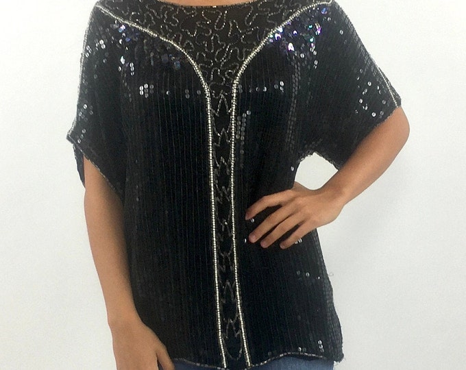 80s Black Beaded Sheer Top Silver Sequin Draped Striped Glam Top Long Mesh Party Dress Top Blouse Xs S M
